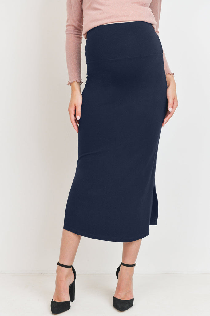 Navy Rayon Modal Side Slit Maternity Midi Skirt