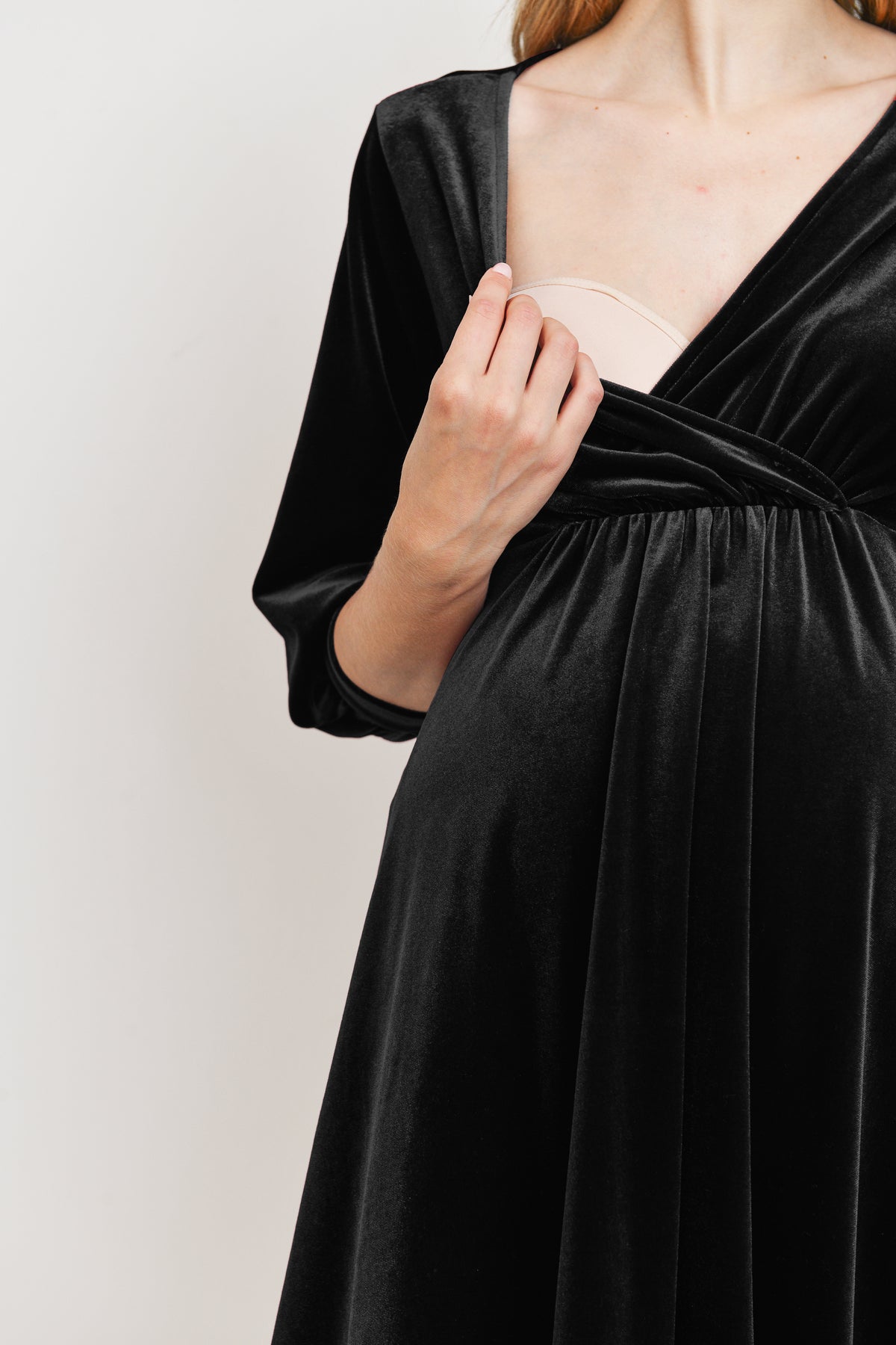Black Stretch Velvet V-Neck Maternity/Nursing Dress Nursing Detail