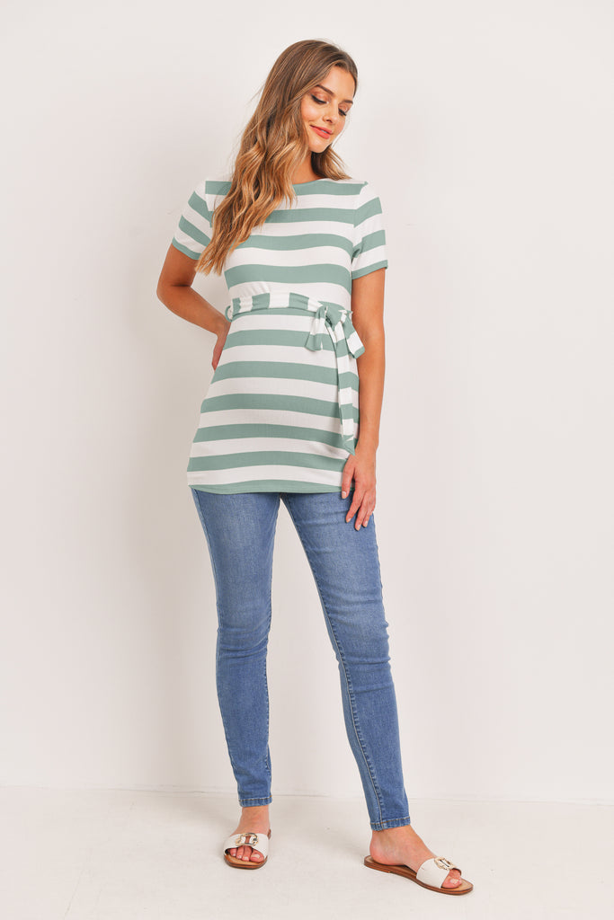 Mint Striped Waist Belt Maternity Tunic Full Body