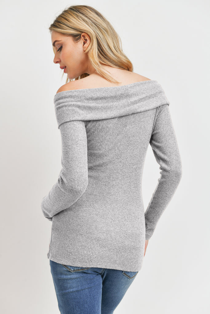 Heather Grey Two-Tone Sweater Knit Off-Shoulder Maternity Top Back