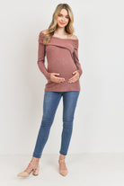 Mauve Two-Tone Sweater Knit Off-Shoulder Maternity Top Full Body