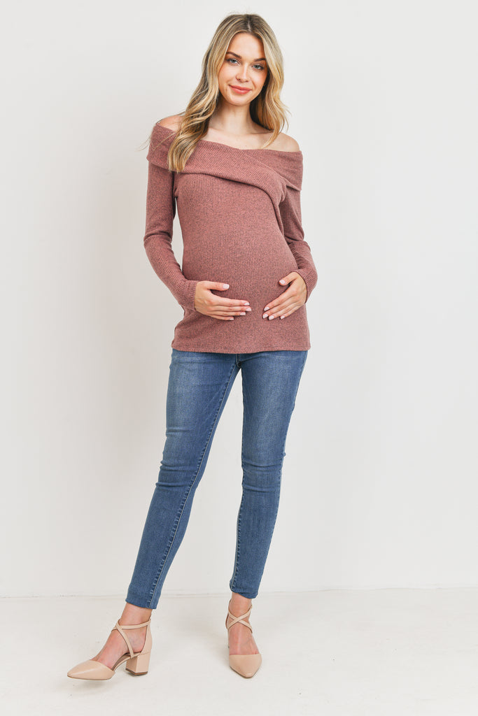 Mauve Two-Tone Sweater Knit Off-Shoulder Maternity Top Full Body