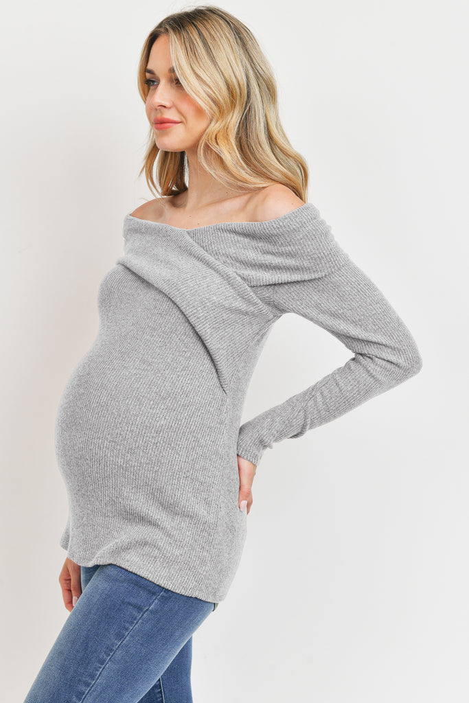 Heather Grey Two-Tone Sweater Knit Off-Shoulder Maternity Top Side