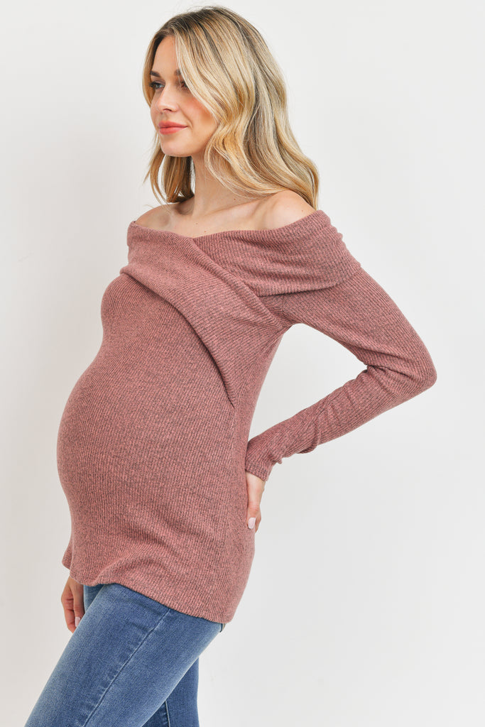 Mauve Two-Tone Sweater Knit Off-Shoulder Maternity Top Side