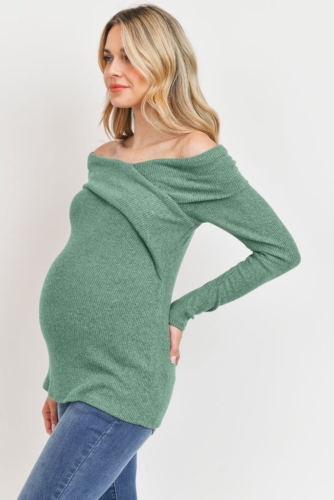 Mint Two-Tone Sweater Knit Off-Shoulder Maternity Top Side