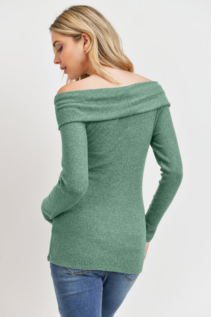 Mint Two-Tone Sweater Knit Off-Shoulder Maternity Top Back