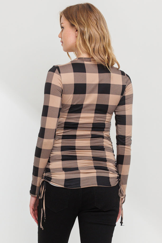 Mocha Plaid Long Sleeve Adjustable Ruching Maternity Top