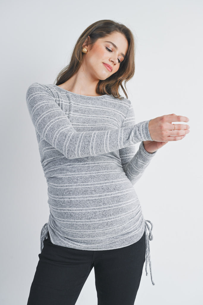 Stripe Long Sleeve Round Neck Adjustable Drawstring Maternity Top Side View