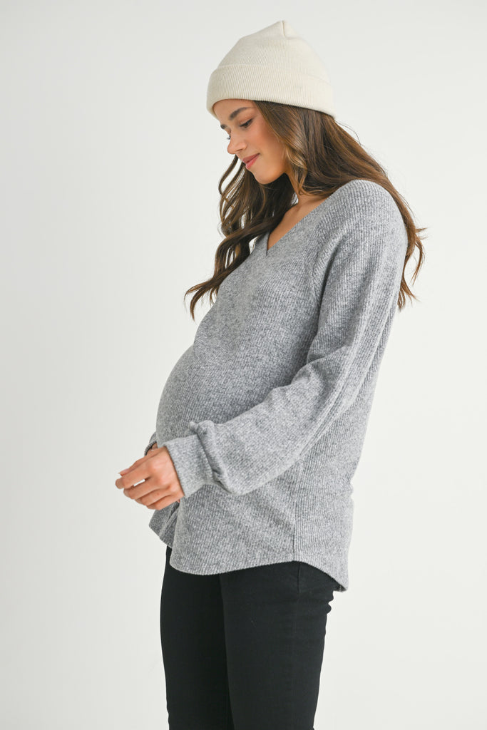 Heather Grey Loose Fit Ribbed Long Sleeve V Neck Maternity Top Side View
