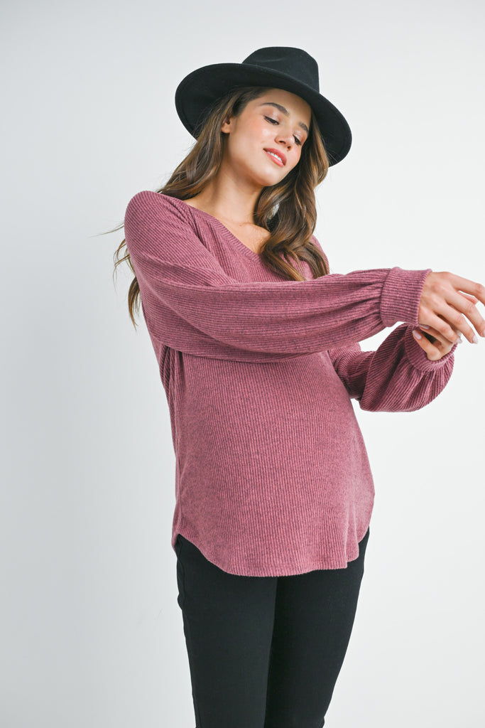 Mauve Loose Fit Ribbed Long Sleeve V Neck Maternity Top Side View