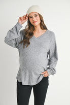 Heather Grey Loose Fit Ribbed Long Sleeve V Neck Maternity Top Front View