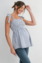 Denim Smocked Tie-Strap Striped Maternity Tank Top Side View