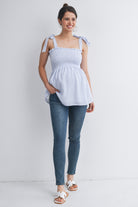 Chambray Smocked Tie-Strap Striped Maternity Tank Top Full Body
