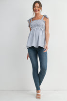 Denim Smocked Tie-Strap Striped Maternity Tank Top Full Body