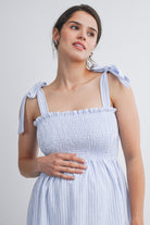 Chambray Smocked Tie-Strap Striped Maternity Tank Top Close Up