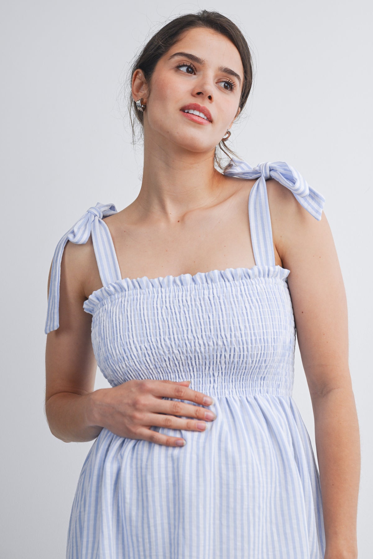 Chambray Smocked Tie-Strap Striped Maternity Tank Top Close Up