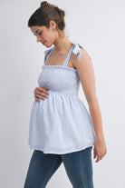 Chambray Smocked Tie-Strap Striped Maternity Tank Top Side View