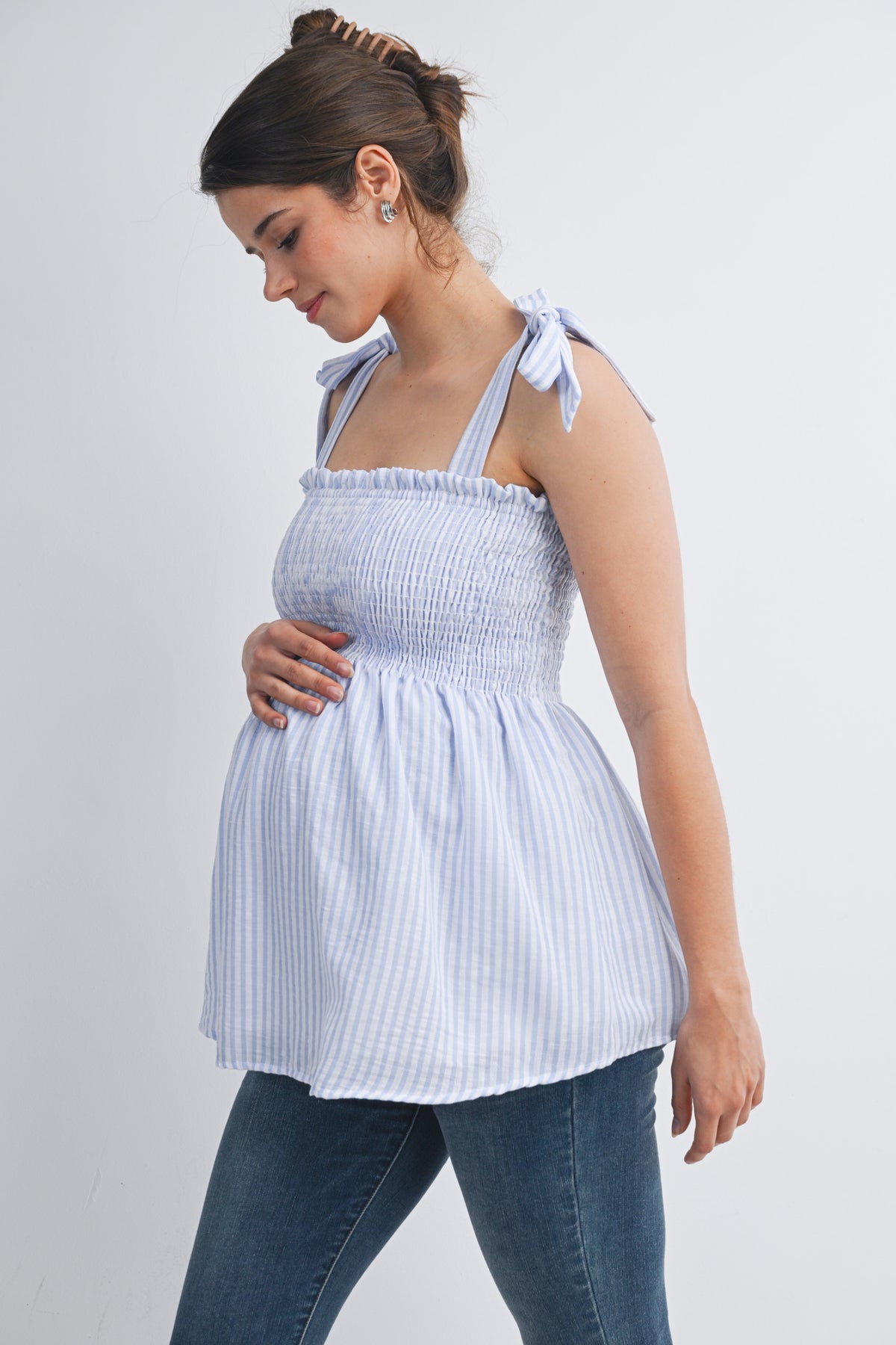 Chambray Smocked Tie-Strap Striped Maternity Tank Top Side View