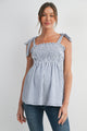 Denim Smocked Tie-Strap Striped Maternity Tank Top Front View