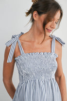 Denim Smocked Tie-Strap Striped Maternity Tank Top Close Up