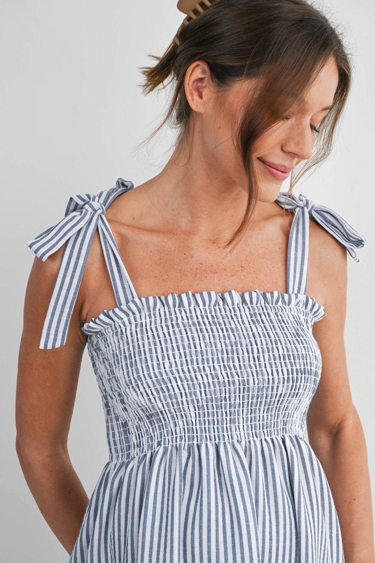 Denim Smocked Tie-Strap Striped Maternity Tank Top Close Up