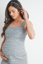 Blue Sleeveless Square Neck Knit Maternity Dress Close Up Detail