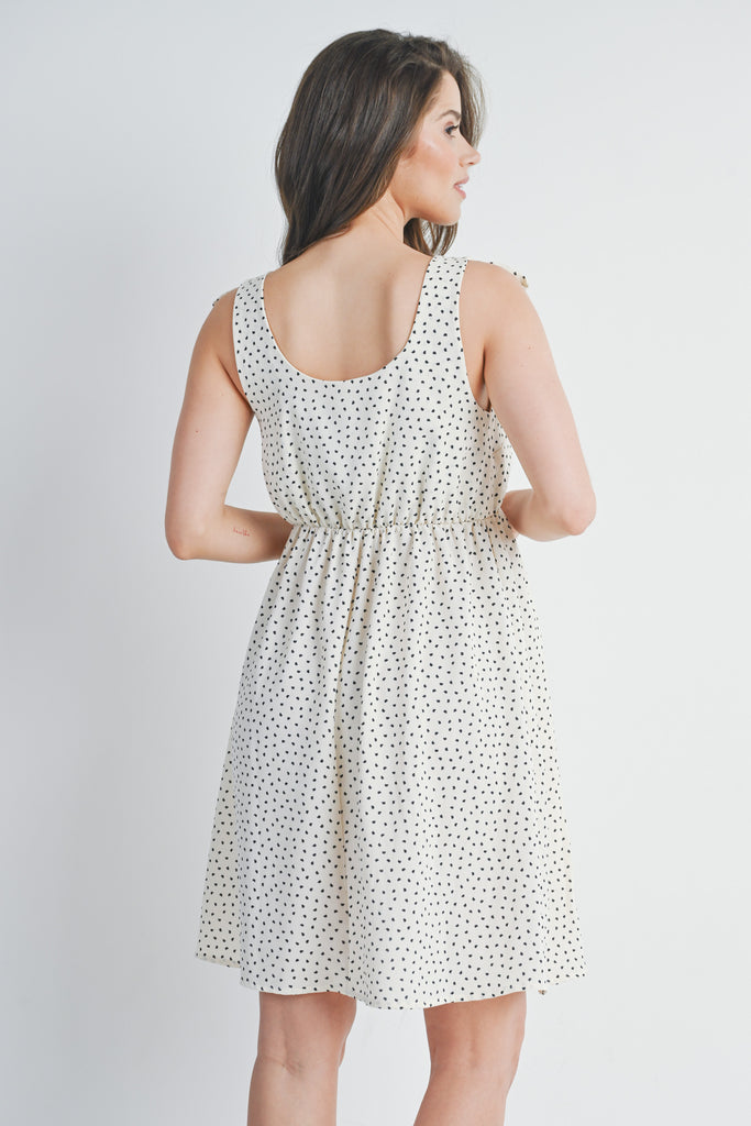 Ivory/Black Polka Dot Tie-Shoulder Scoop Neck Maternity Dress Back View