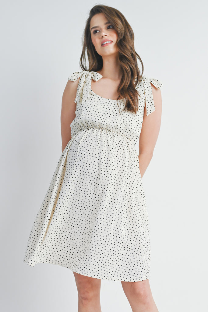 Ivory/Black Polka Dot Tie-Shoulder Scoop Neck Maternity Dress Front View