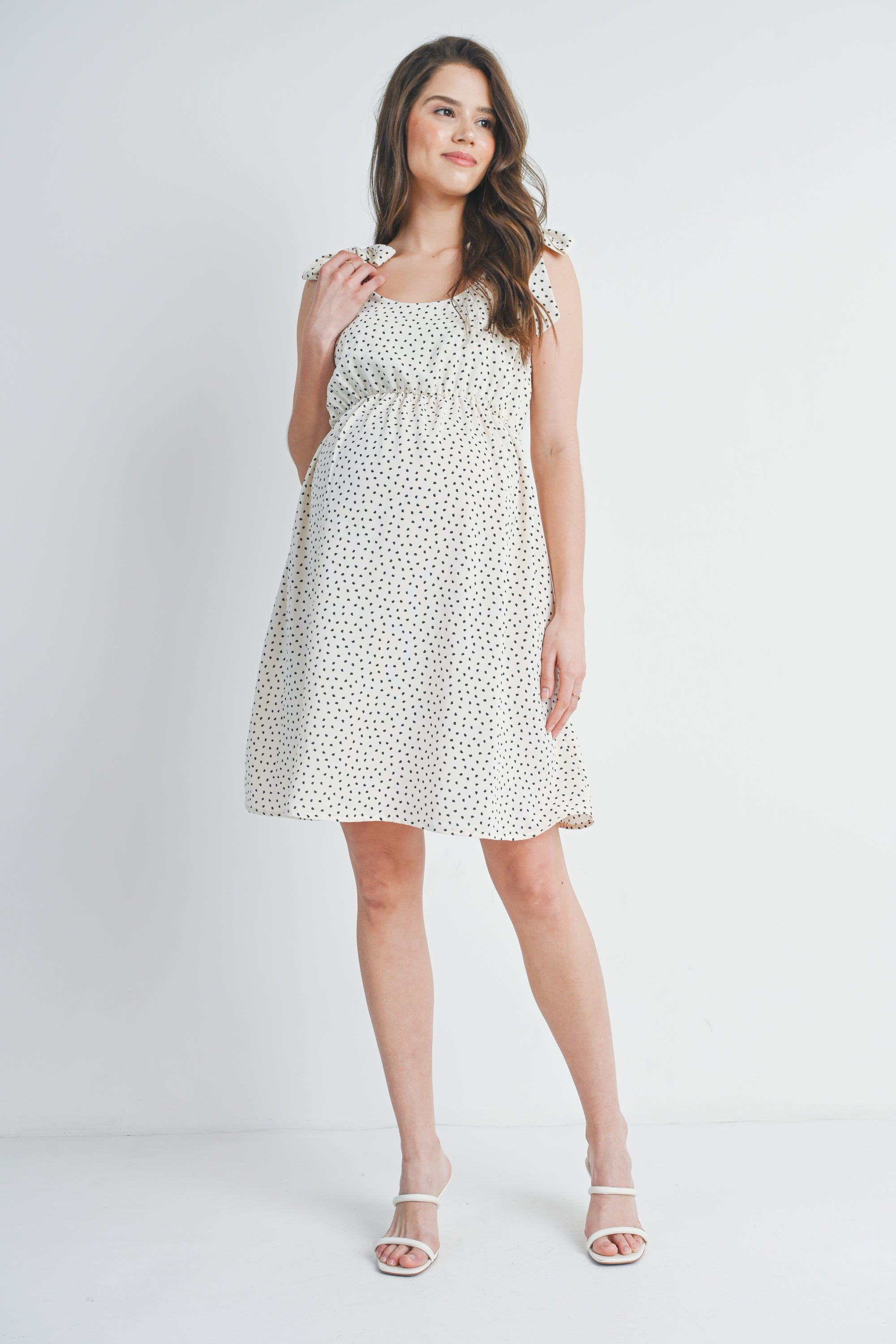Polka Dot Tie-Shoulder Scoop Neck Maternity Dress Ivory/Black / SMALL Polka Dot Tie-Shoulder Scoop Neck Maternity Dress Ivory/Black / SMALL