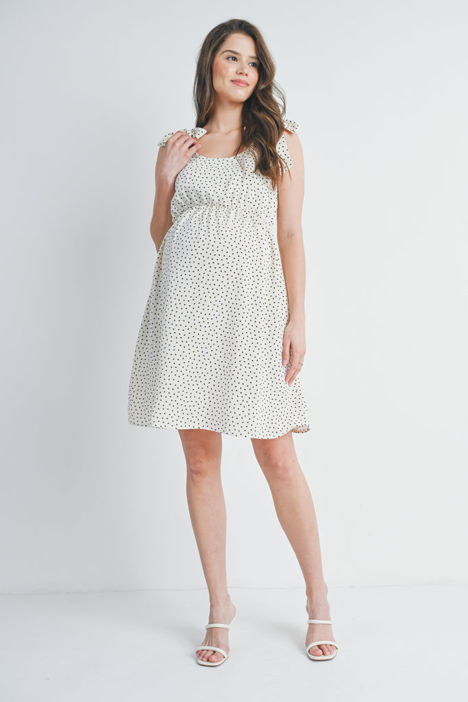 Ivory/Black Polka Dot Tie-Shoulder Scoop Neck Maternity Dress Full Body