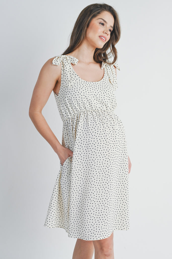 Ivory/Black Polka Dot Tie-Shoulder Scoop Neck Maternity Dress Side View