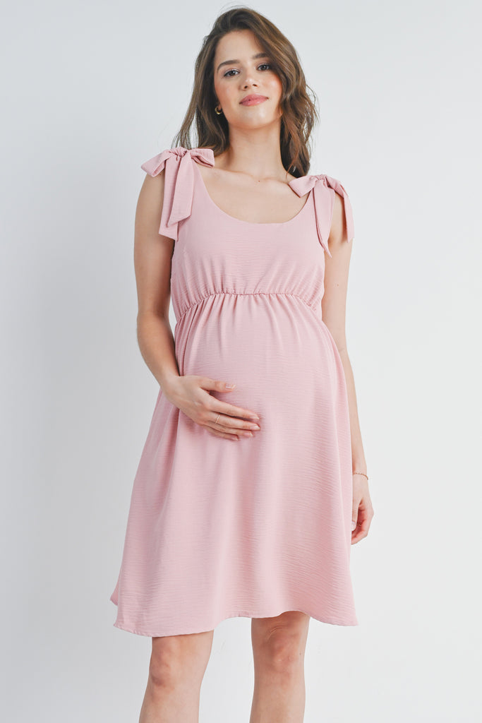 Pink Tie-Shoulder Scoop Neck Maternity Dress Front View