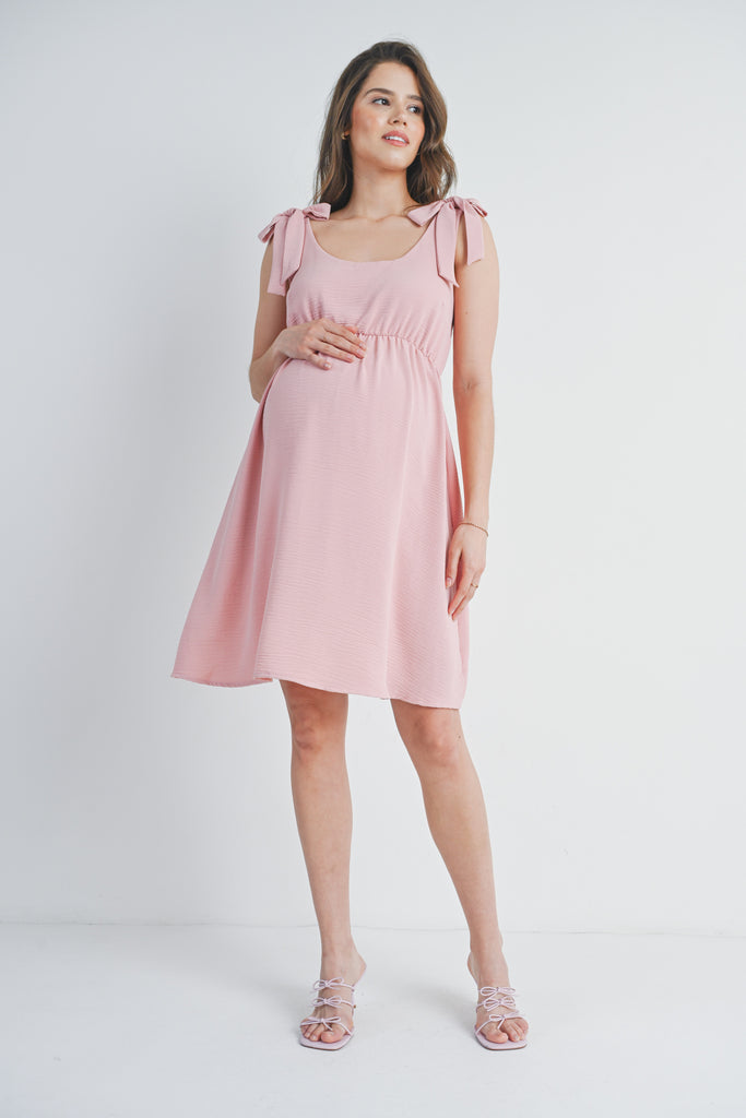 Pink Tie-Shoulder Scoop Neck Maternity Dress Full Body
