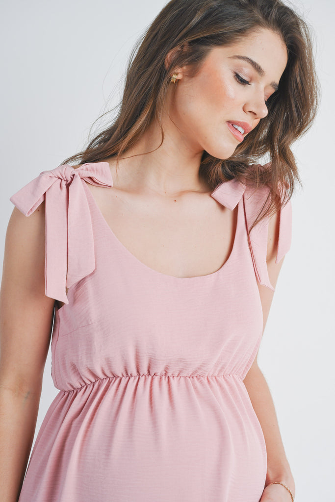 Pink Tie-Shoulder Scoop Neck Maternity Dress Close Up