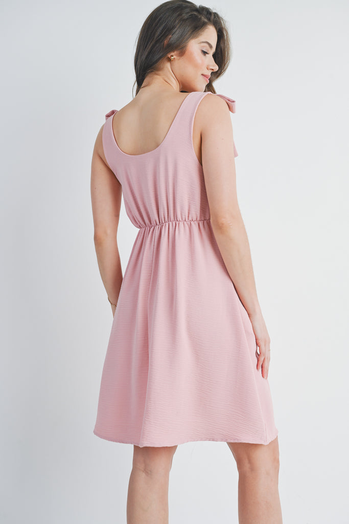 Pink Tie-Shoulder Scoop Neck Maternity Dress Back View