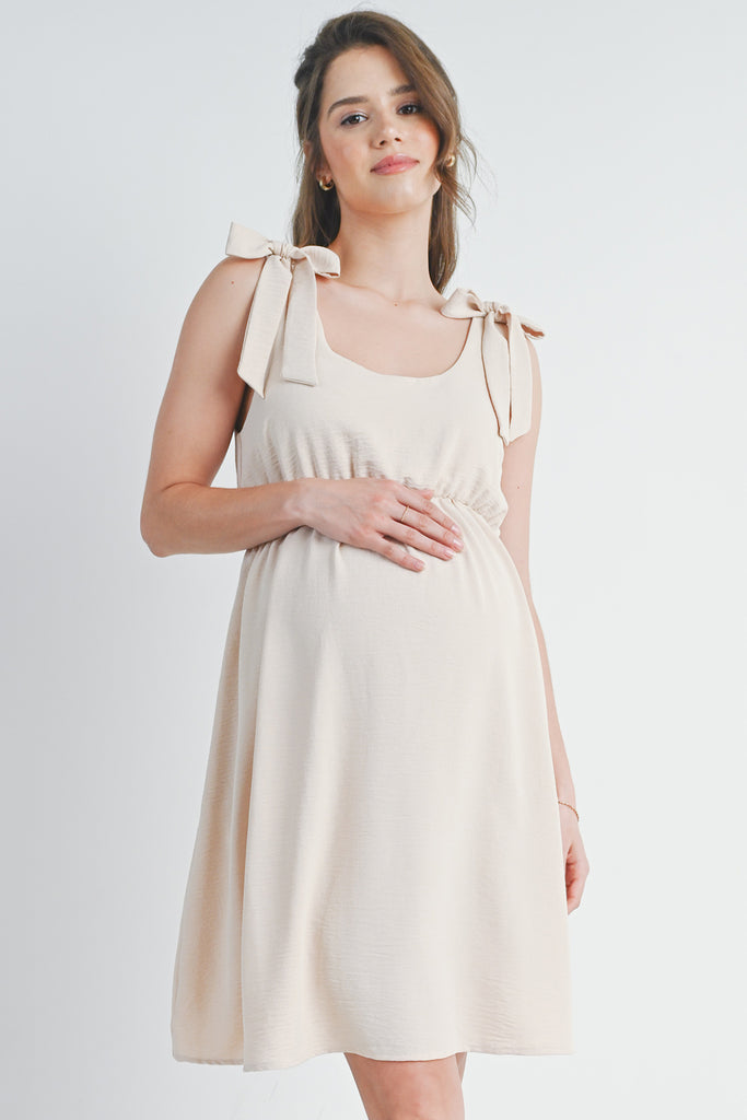 Oatmeal Tie-Shoulder Scoop Neck Maternity Dress Front View