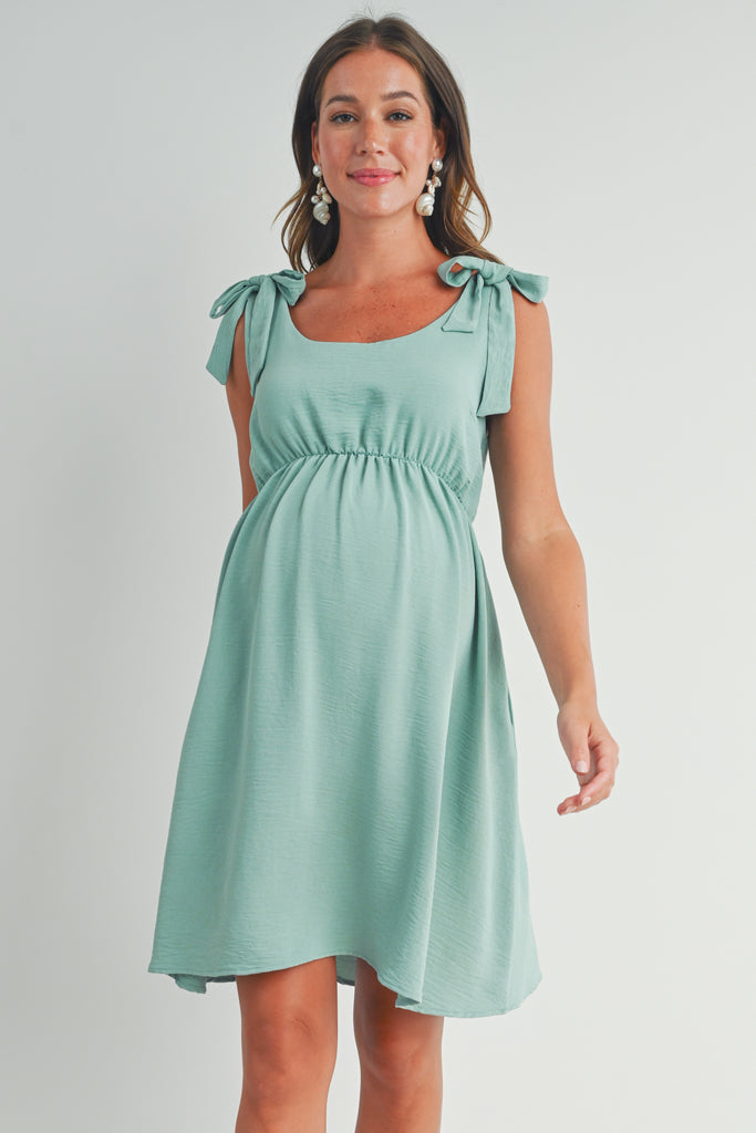 Sage Tie-Shoulder Scoop Neck Maternity Dress Front View