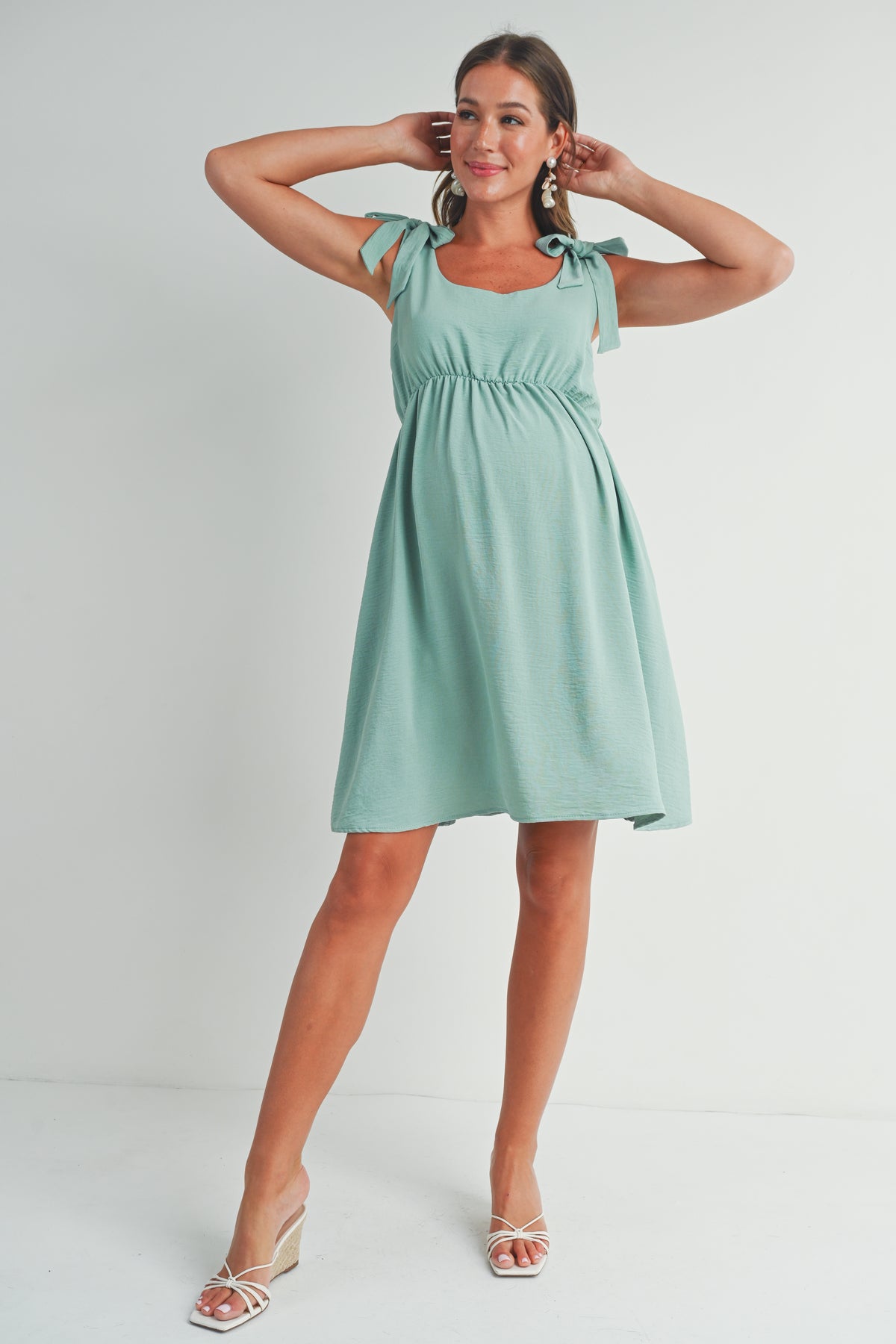 Pink Tie-Shoulder Scoop Neck Maternity Dress Full Body