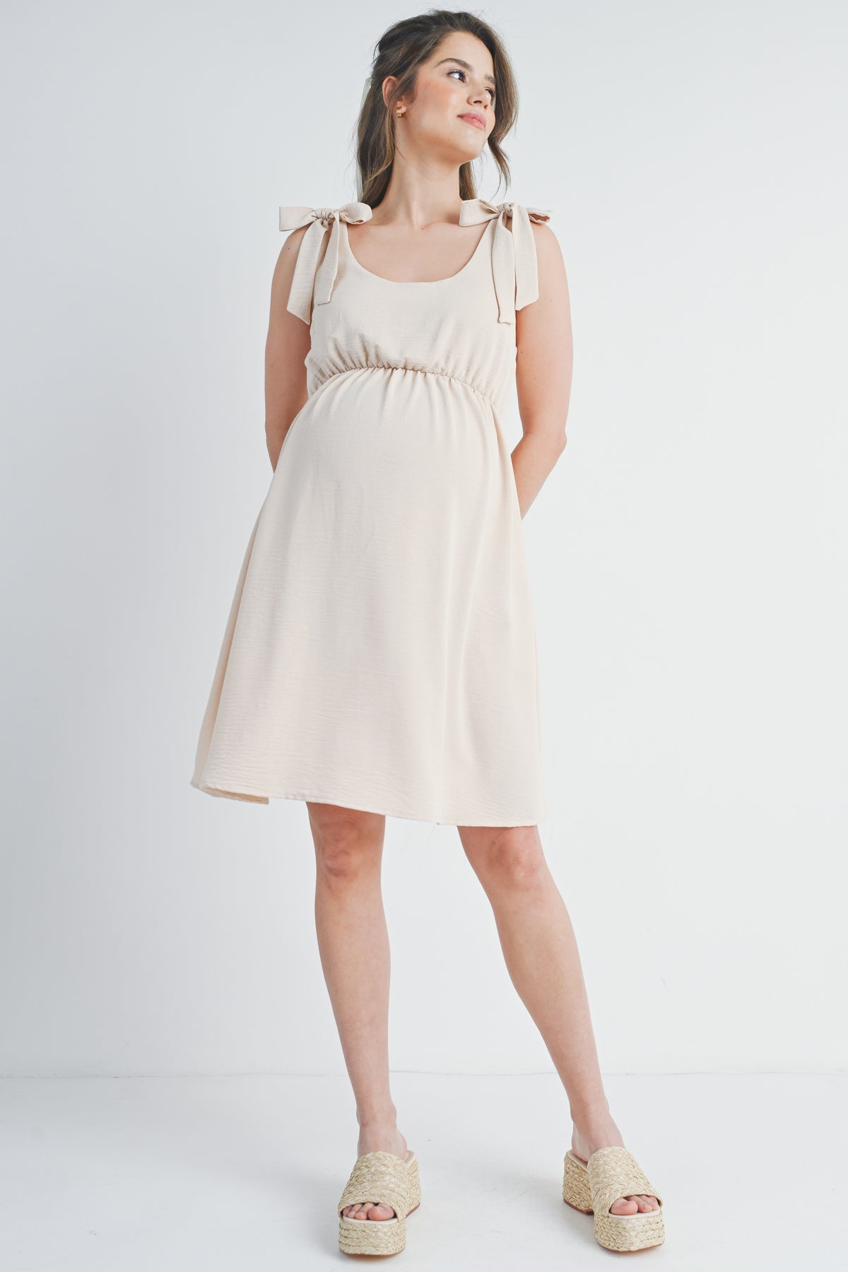 Oatmeal Tie-Shoulder Scoop Neck Maternity Dress Full Body