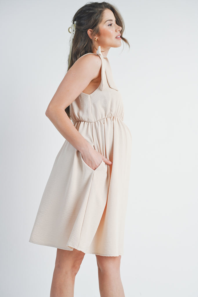 Oatmeal Tie-Shoulder Scoop Neck Maternity Dress Side View