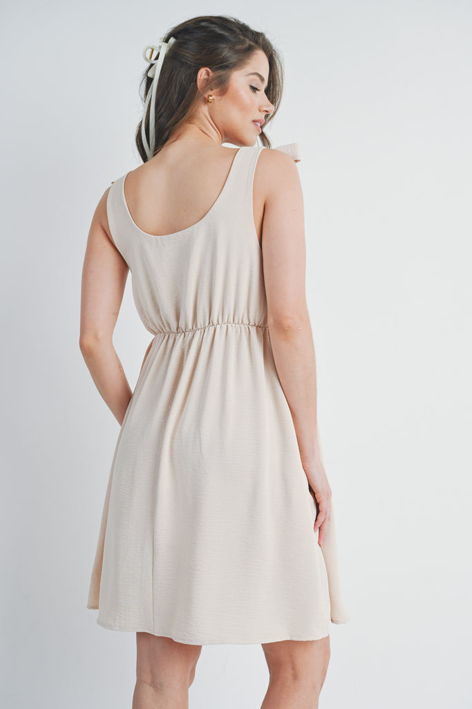 Oatmeal Tie-Shoulder Scoop Neck Maternity Dress Back View