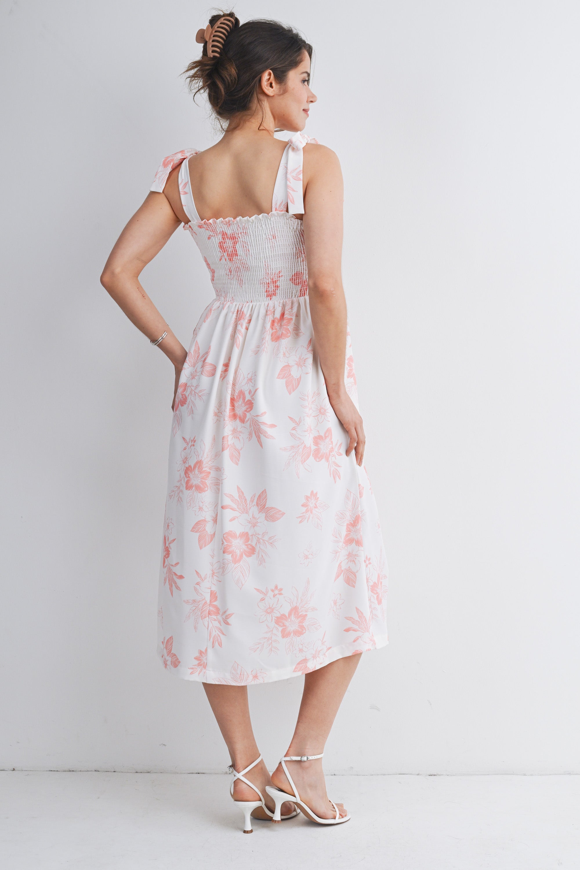 Floral Smocked Empire Waist Tie Straps Maternity Midi Dress HELLO MIZ Floral Smocked Empire Waist Tie Straps Maternity Midi Dress HELLO MIZ