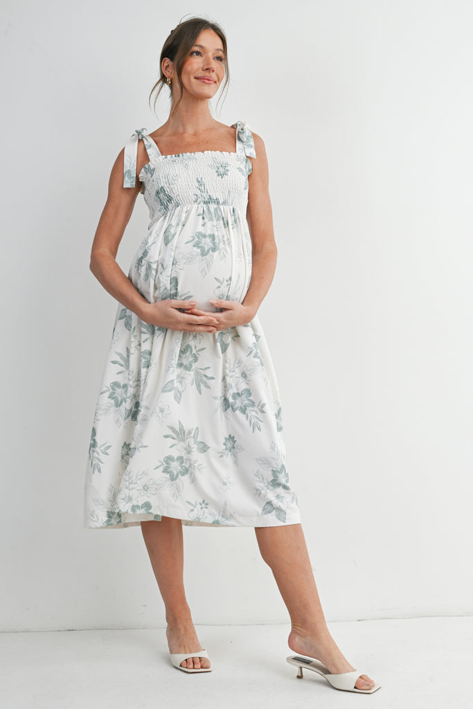 Floral Smocked Empire Waist Tie Straps Maternity Midi Dress HELLO MIZ Floral Smocked Empire Waist Tie Straps Maternity Midi Dress HELLO MIZ