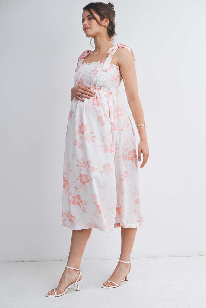 Floral Smocked Empire Waist Tie Straps Maternity Midi Dress HELLO MIZ Floral Smocked Empire Waist Tie Straps Maternity Midi Dress HELLO MIZ