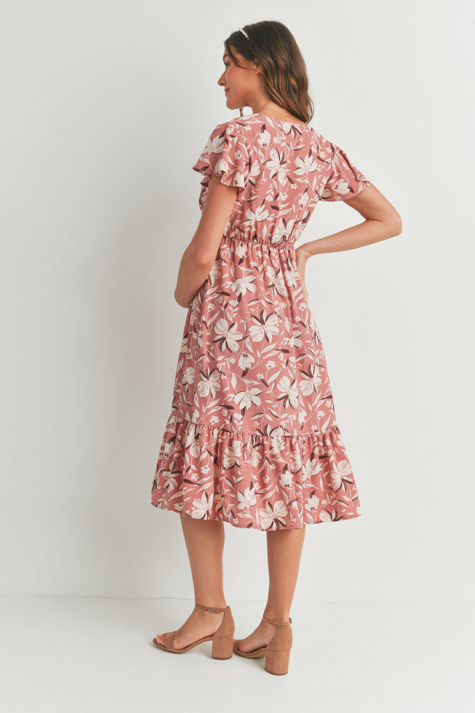 Mauve Floral Midi Maternity V Neck Dress with Ruffled Hem Back View