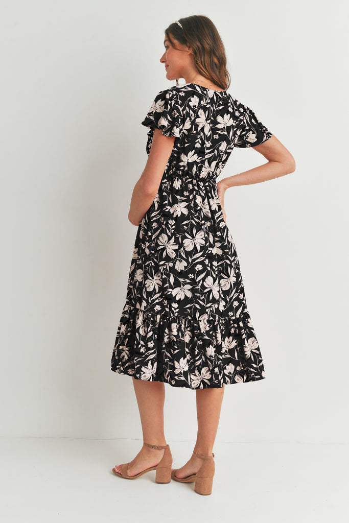 Black Floral Midi Maternity V Neck Dress with Ruffled Hem Back View