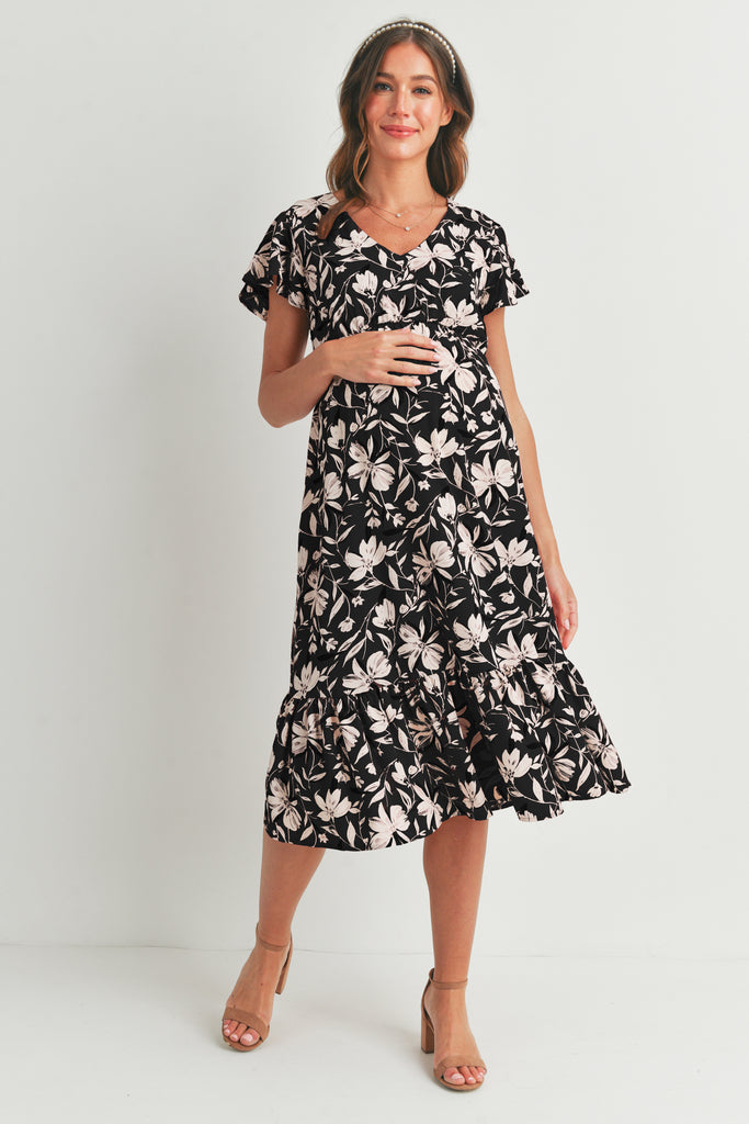 Black Floral Midi Maternity V Neck Dress with Ruffled Hem Front View