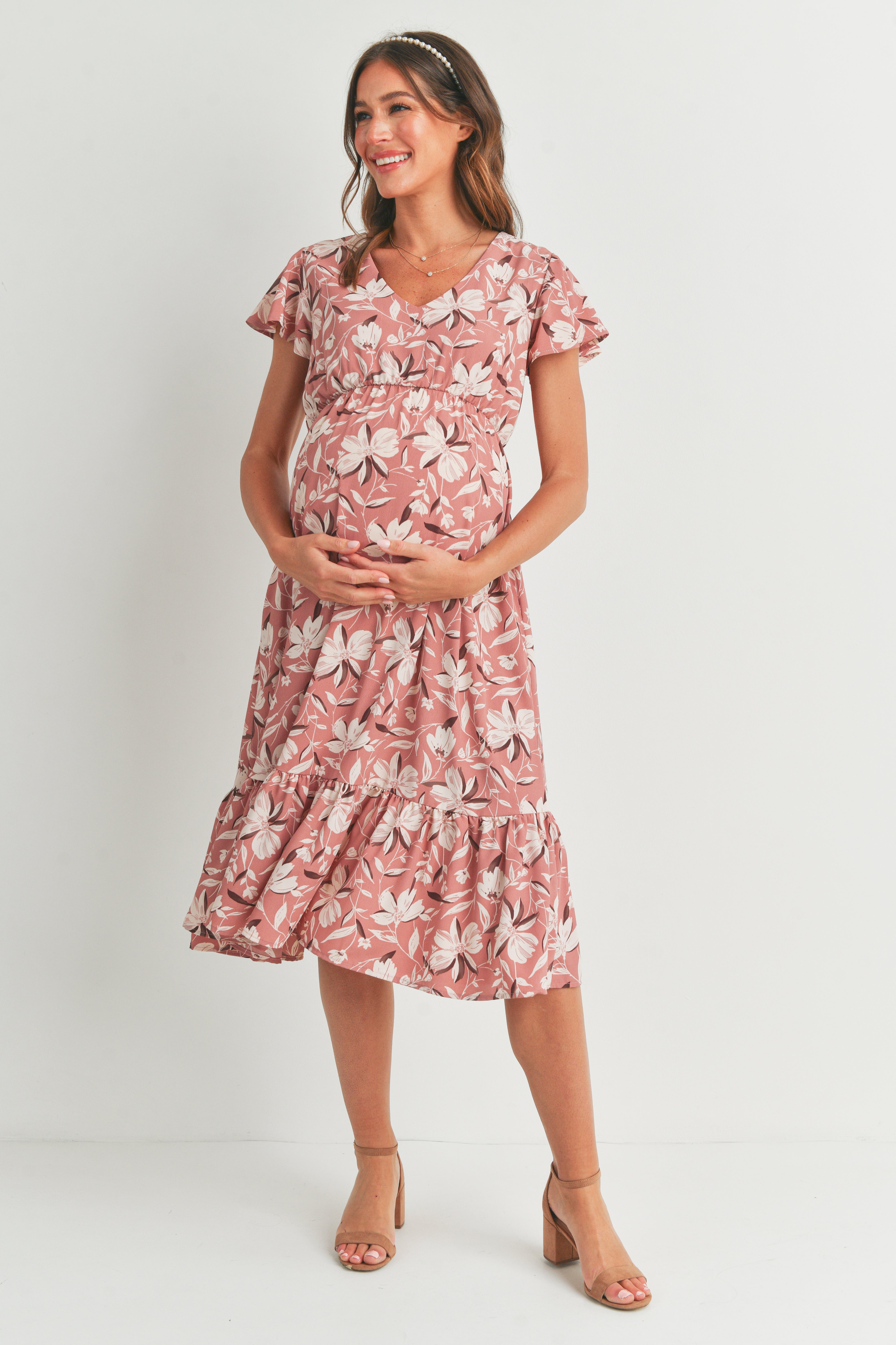 Floral Print V-Neck Short Sleeve Ruffle Maternity Dress