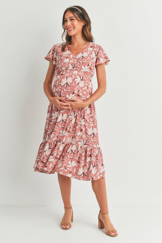 Mauve Floral Midi Maternity V Neck Dress with Ruffled Hem Front View