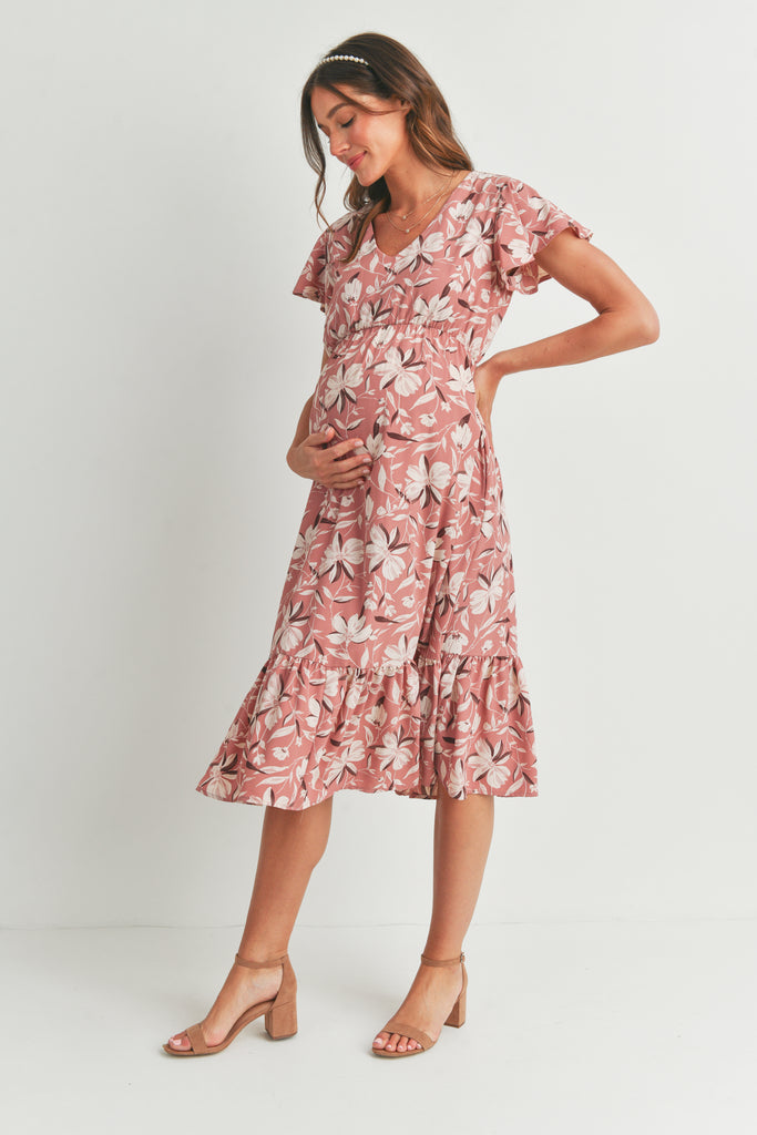 Mauve Floral Midi Maternity V Neck Dress with Ruffled Hem Side View